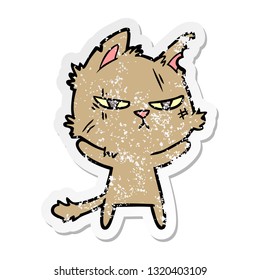 distressed sticker of a tough cartoon cat