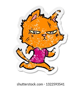 distressed sticker of a tough cartoon cat running