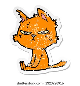 distressed sticker of a tough cartoon cat sitting