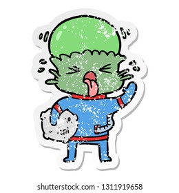 distressed sticker of a weird cartoon alien