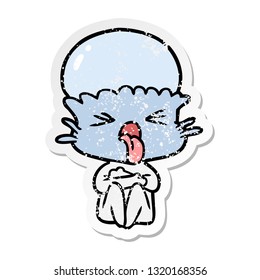 distressed sticker of a weird cartoon alien