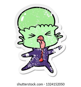 distressed sticker of a weird cartoon alien