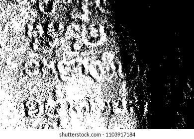 Distressed stone with khmer letters. Vector texture for vintage effect. Black and white splatter. Old stone grunge overlay. Sand stone relief. Aged texture. Monochrome grit layer. Rough stone surface