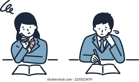 Distressed student, negative, male and female, simple illustration set