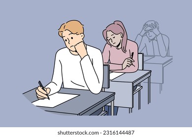 Distressed students sit at desk writing on paper. Unhappy people handwriting on exam or test in classroom. Vector illustration. 