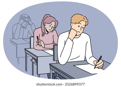 Estudantes angustiados sentam-se à escrivaninha escrevendo em papel. Pessoas infelizes escrevendo em exame ou teste na sala de aula. Ilustração vetorial.