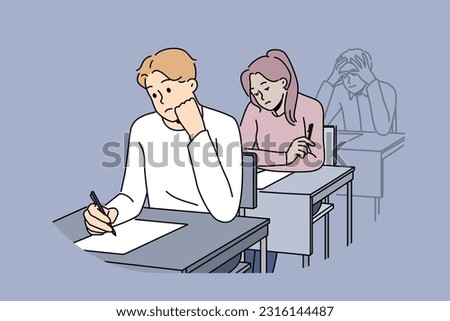 Distressed students sit at desk writing on paper. Unhappy people handwriting on exam or test in classroom. Vector illustration. 