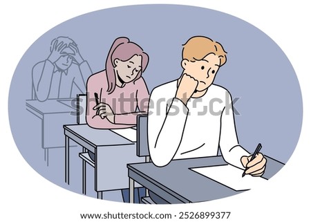 Distressed students sit at desk writing on paper. Unhappy people handwriting on exam or test in classroom. Vector illustration.