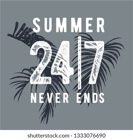 distressed summer slogan on palm leaf background