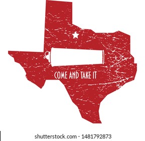 Distressed Texas map vector illustration for Battle of Gonzales during Texas Revolution anniversary. Come and Take It flag grungy icon.