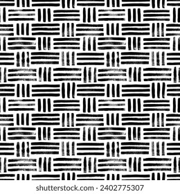 Distressed texture of abstract weaving fabric or basket. Hand drawn grunge seamless pattern with weave motif, linen texture or grids. Horizontal and vertical vector rough brush strokes.
