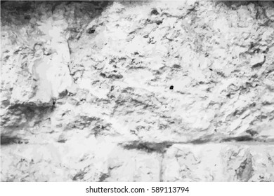 Distressed texture of brick wall. Obsolete stone wall. Weathered rough surface. Grey shades monochrome vector texture. Aged and scratched stone overlay for vintage effect. Grit trace background