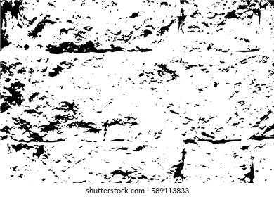 Distressed texture with stone bricks. Obsolete concrete wall. Weathered asphalt surface. Black and white monochrome vector texture. Aged and scratched stone overlay for vintage effect. Grit trace