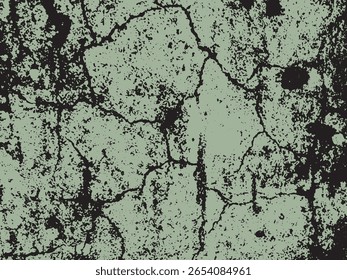 Um fundo abstrato, texturizado, com um padrão rachado com uma estética grunge. O estilo silhueta é evidente no contraste entre preto e verde silenciado.