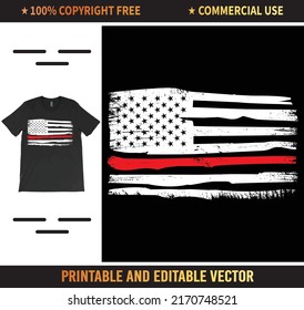 Diseño de vectores de camisetas con la bandera estadounidense de la línea roja delgada, Grunge usa Firefighter con camisa delgada de línea roja.