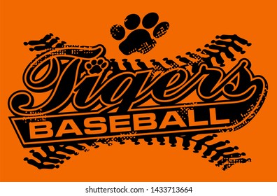 Distressed Tigers Baseball Team Design In Script With Tail For School, College Or League