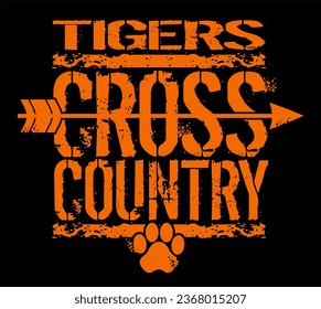 distressed tigers cross country team design with paw print for school, college or league sports