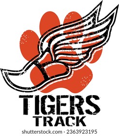 distressed tigers track team design with track foot and paw print for school, college or league sports