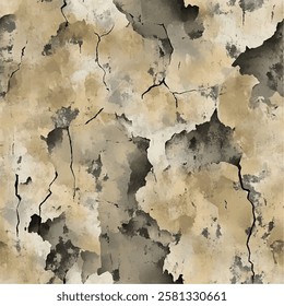 Distressed, torn camouflage with frayed edges and cracked textures in khaki and sand