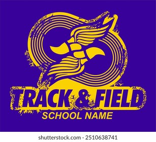 distressed track and field team design with winged foot for school, college or league sports