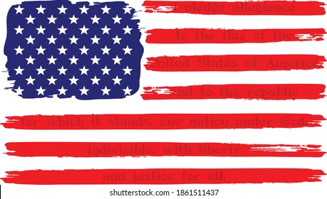 Distressed USA American flag illustration with the pledge of allegiance text ghosted inside red stripes. Illustrator eps grungy vector graphic design.
