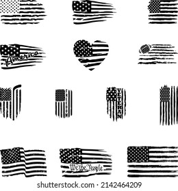 Distressed Usa Flag, American Grunge Flag Set, Black Isolated On White Background, Vector Illustration.
