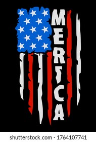 Distressed USA flag with merica. Celebration of 4th of July USA Independence Day vector tee shirt design. Designed in Stars and Stripes. For dark t-shirts.