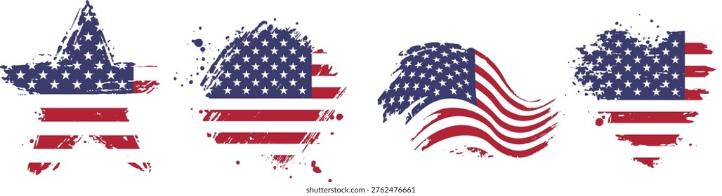 Distressed USA flag vector shapes set with grunge American flag textures in star, map and abstract forms