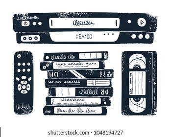 Distressed VCR, Remote Control And Tapes. Obsolete Video Media. Nostalgic Objects From The 90s. Vector.