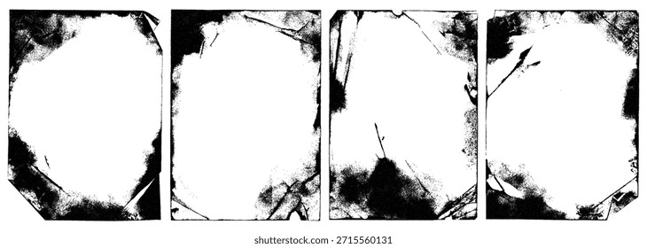 Conjunto de marco de grunge de Vector afligido. Textura de impresión de tinta rugosa y fondo de papel vintage ideal para portadas de álbumes de punk rock, diseño de zine, carteles y superposiciones de fotos creativas.