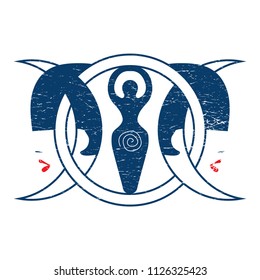 Distressed Vector illustration: Triple Moon Goddess. Could be used as Hecate, Wiccan Goddess, Heathenry Asatru or any other triple crescent half moon deity.