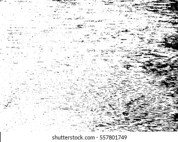 Distressed vector texture in monochrome palette. Weathered timber board surface. Black dirt on white background. Obsolete marks overlay for vintage effect. Old canvas surface trace for retro design