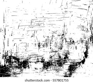 Distressed vector texture in monochrome palette. Paint stroke or ink grit on paper. Black dirt on white background. Obsolete marks overlay for vintage effect. Old canvas surface trace for retro design