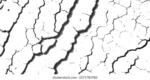 Distressed Vector Texture Overlays Featuring Earthquake-Induced Cracks on Land, Wall, and Floor Surfaces in Black, White, and Grey, Ideal for Simulating Earthquake Damage and Surface Deformation in De