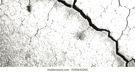 Distressed Vector Texture Overlays Featuring Earthquake-Induced Cracks on Land, Wall, and Floor Surfaces in Black, White, and Grey, Ideal for Simulating Earthquake Damage and Surface Deformation in De