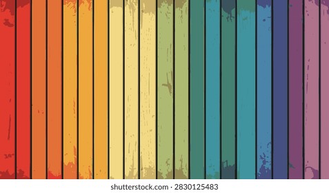 Distressed vertical timber panels arranged in a seamless rainbow color spectrum transition from red to purple, featuring a weathered wood grain texture and vintage rustic finish.