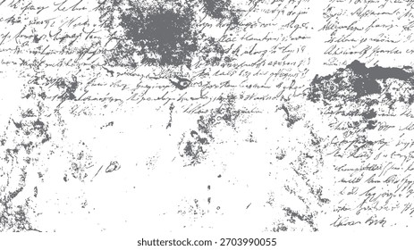 Textura de escritura manuscrita vintage afligida con tinta descolorida y Elementos grunge grises dispersos sobre fondo blanco