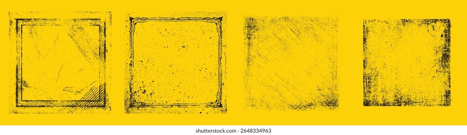 Sobreposições de moldura de foto vintage angustiado com texturas grunge. Bordas quadradas com poeira, arranhões e bordas desgastadas.
