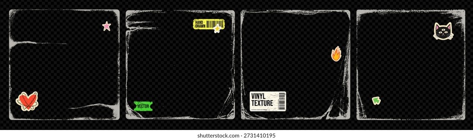 Colección de superposición de textura de cubierta de vinilo afligido con pegatinas de colores. Cubiertas cuadradas de bordes ásperos de CD o vinilo. Dibujado a mano Vector rasguñoso y cubiertas mate granuladas dobladas. Grange etiqueta textura áspera.