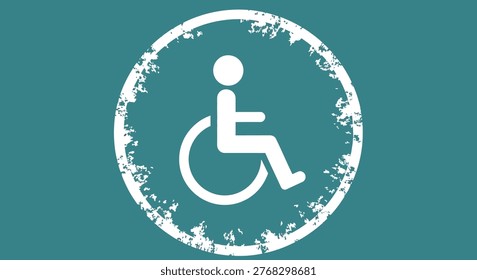 A distressed white accessibility sign features a person in a wheelchair, promoting inclusivity and equal access for all.