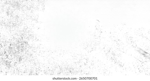 Textura de semitono granulado blanco afligido. Superposición de polvo texturizado. Partículas de ruido de grano: efectos de patrón sin fisuras en blanco y negro y fondo negro oxidado. Ilustración vectorial
