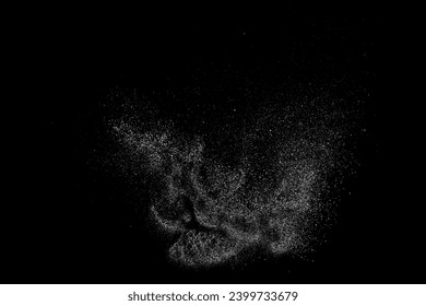 Distressed white grainy texture. Abstract dust overlay. Grain noise. White explosion on black background. Splash realistic effect. Vector illustration.  
