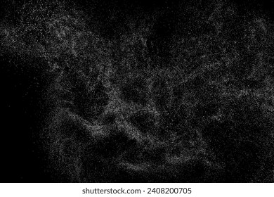 Distressed white grainy texture. Abstract dust overlay. Grain noise. White explosion on black background. Splash realistic effect. Vector illustration.  
