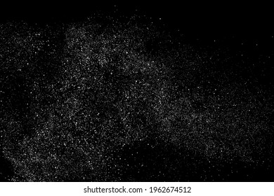 Distressed white grainy texture. Dust overlay textured. Grain noise particles. Snow effects pack. Rusted black background. Vector illustration, EPS 10.  