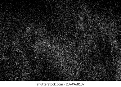 Textura de grano blanco angustiada. El polvo sobrante texturado. Partículas de ruido de grano. Envase con efectos de nieve. Fondo negro rayado. Ilustración del vector, EPS 10.  