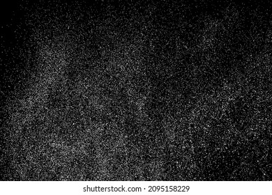 Textura de grano blanco angustiada. El polvo sobrante texturado. Partículas de ruido de grano. Envase con efectos de nieve. Fondo negro rayado. Ilustración del vector, EPS 10.  