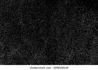 Distressed white grainy texture. Dust overlay textured. Grain noise particles. Snow effects pack. Rusted black background. Vector illustration, EPS 10.  