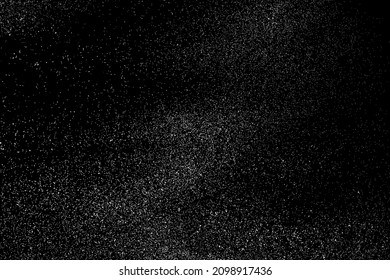 Distressed white grainy texture. Dust overlay textured. Grain noise particles. Snow effects pack. Rusted black background. Vector illustration, EPS 10.  