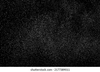 Distressed white grainy texture. Dust overlay textured. Grain noise particles. Snow effects pack. Rusted black background. Vector illustration, EPS 10.  