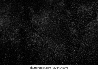 Distressed white grainy texture. Dust overlay textured. Grain noise particles. Snow effects pack. Rusted black background. Vector illustration, EPS 10.  